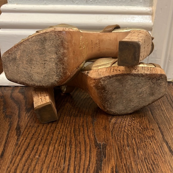 Prada Gold and Tan Peep Toe Sling Back Cork Platform Sandal - Picture 4 of 10